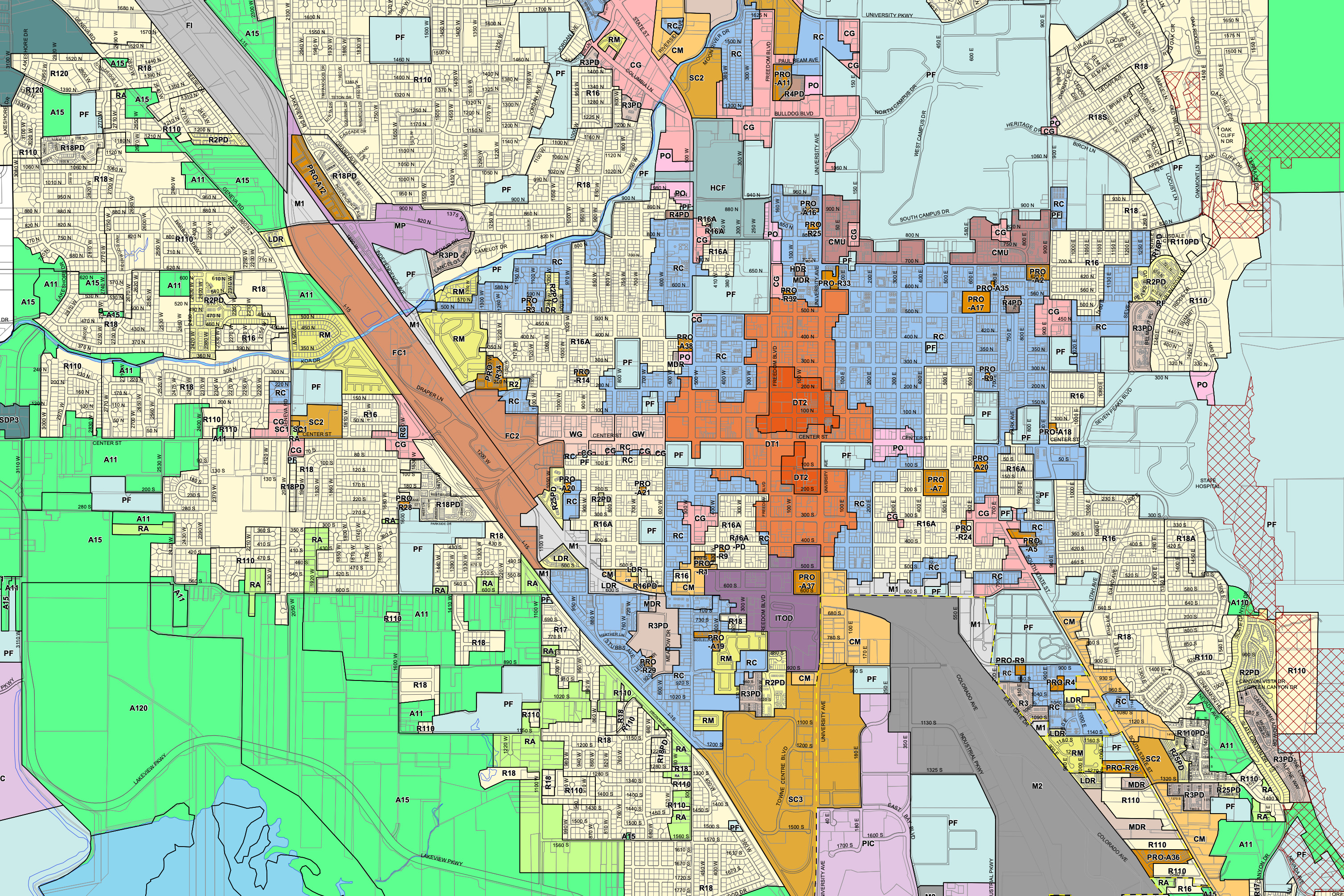 Zoning map in central Provo, Utah.