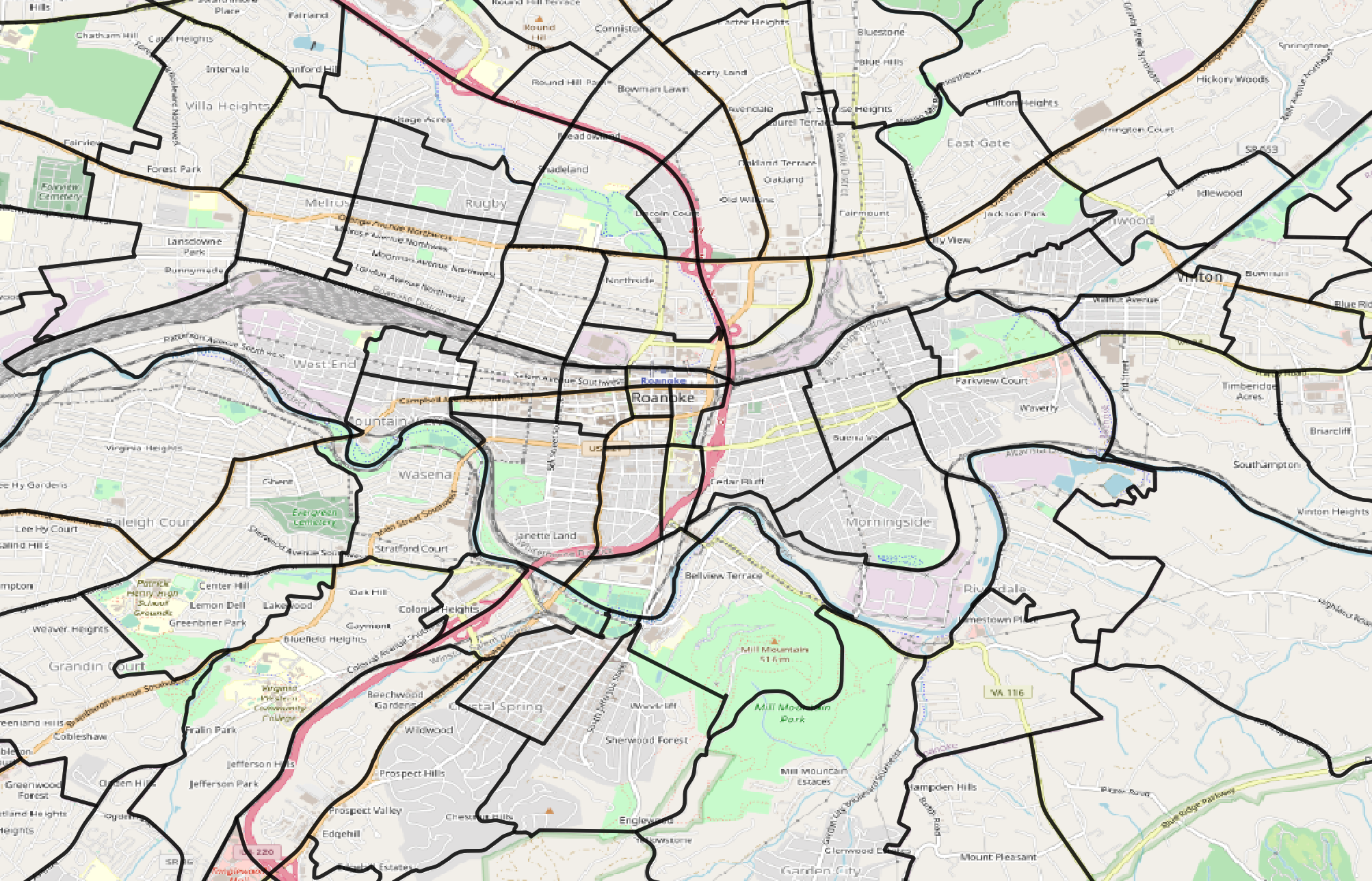 Travel Analysis Zones in Central Roanoke.