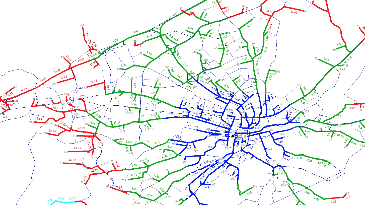 Isochrone map using network speed information.